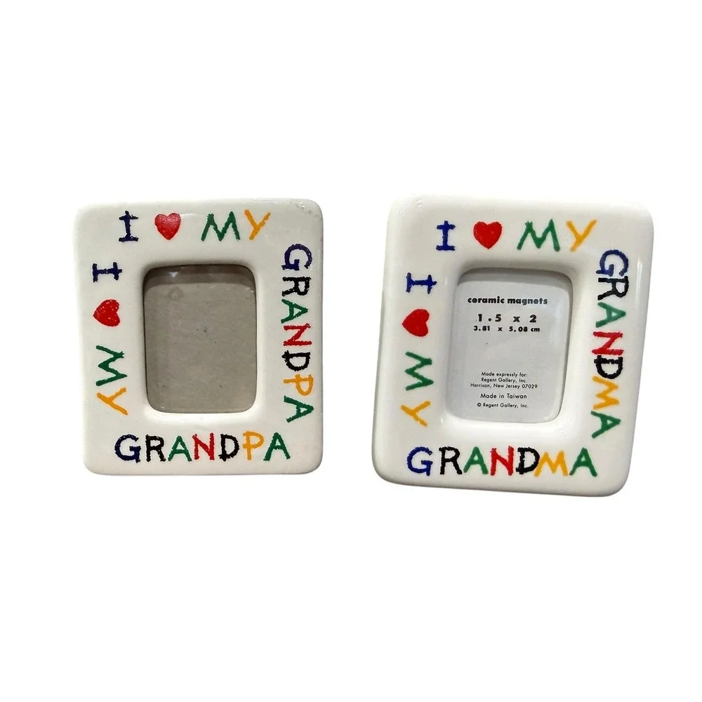 Vintage I Love My Grandma Grandpa Ceramic Magnet Picture Frames Set Pair Taiwan